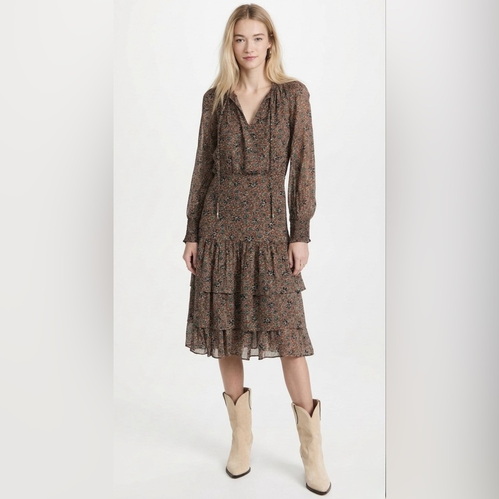 Veronica Beard Brown Floral Tiered V‑Neck Midi Dress